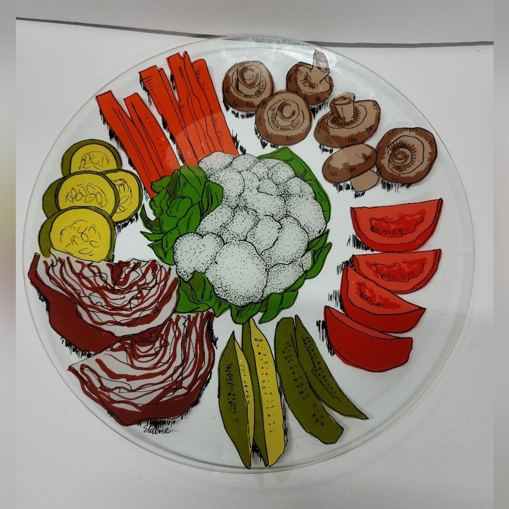 VINTAGE DOROTHY THORPE ELAINE PAINTED VEGETABLE GLASS ROUND PLATTER PLATE